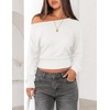 image:imageZESICA Womens Fall Long Sleeve Off Shoulder Going Out Tops  Asymmetrical Neck Shirt Crop Tops Cinched Waist Top Long Batwing Sleeve Tops Fall Shirts Date Night tops Trendy ClothesWhite