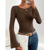 image:imageZESICA Womens Floral Lace Long Sleeve Boat Neck Going Out Tops  Bell Sleeve Slim Fit Ruched Waist Blouses Business Casual Date Night Y2K Outfits Fall Winter Layering ClothingBrown