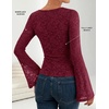 image:imageZESICA Womens Floral Lace Long Sleeve Boat Neck Going Out Tops  Bell Sleeve Slim Fit Ruched Waist Blouses Business Casual Date Night Y2K Outfits Fall Winter Layering ClothingWine