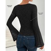 image:imageZESICA Womens Floral Lace Long Sleeve Boat Neck Going Out Tops  Bell Sleeve Slim Fit Ruched Waist Blouses Business Casual Date Night Y2K Outfits Fall Winter Layering ClothingBlack