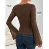 image:imageZESICA Womens Floral Lace Long Sleeve Boat Neck Going Out Tops  Bell Sleeve Slim Fit Ruched Waist Blouses Business Casual Date Night Y2K Outfits Fall Winter Layering ClothingBrown