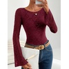 image:imageZESICA Womens Floral Lace Long Sleeve Boat Neck Going Out Tops  Bell Sleeve Slim Fit Ruched Waist Blouses Business Casual Date Night Y2K Outfits Fall Winter Layering ClothingWine