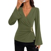 image:imageZESICA Womens Bell Long Sleeve Wrap Top Elegant Business Casual Outfits  2026 Trendy Fall Fashion Clothes Asymmetrical V Neck Shirts Slim Fit Ruched Top Metal Buckle Work Office Dressy BlouseArmygreen