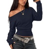 image:imageZESICA Womens Fall Long Sleeve Off Shoulder Going Out Tops  Asymmetrical Neck Shirt Crop Tops Cinched Waist Top Long Batwing Sleeve Tops Fall Shirts Date Night tops Trendy ClothesNavy