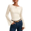 image:imageZESICA Womens Floral Lace Long Sleeve Boat Neck Going Out Tops  Bell Sleeve Slim Fit Ruched Waist Blouses Business Casual Date Night Y2K Outfits Fall Winter Layering ClothingApricot