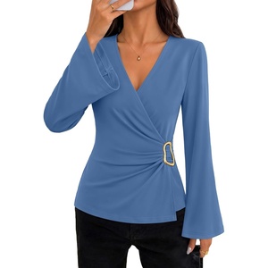image:imageZESICA Womens Bell Long Sleeve Wrap Top Elegant Business Casual Outfits  2026 Trendy Fall Fashion Clothes Asymmetrical V Neck Shirts Slim Fit Ruched Top Metal Buckle Work Office Dressy BlouseDustyblue