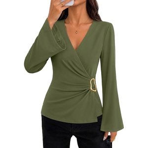 image:imageZESICA Womens Bell Long Sleeve Wrap Top Elegant Business Casual Outfits  2026 Trendy Fall Fashion Clothes Asymmetrical V Neck Shirts Slim Fit Ruched Top Metal Buckle Work Office Dressy BlouseArmygreen