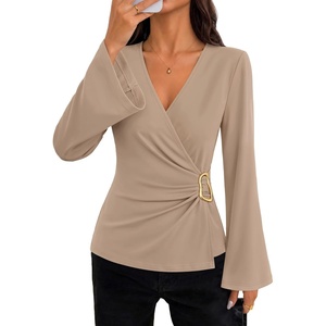 image:imageZESICA Womens Bell Long Sleeve Wrap Top Elegant Business Casual Outfits  2026 Trendy Fall Fashion Clothes Asymmetrical V Neck Shirts Slim Fit Ruched Top Metal Buckle Work Office Dressy BlouseLightcamel