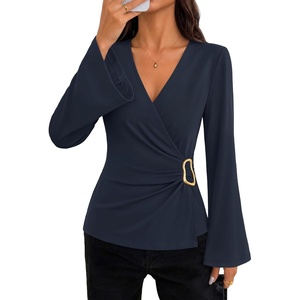 image:imageZESICA Womens Bell Long Sleeve Wrap Top Elegant Business Casual Outfits  2026 Trendy Fall Fashion Clothes Asymmetrical V Neck Shirts Slim Fit Ruched Top Metal Buckle Work Office Dressy BlouseNavy