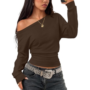 image:imageZESICA Womens Fall Long Sleeve Off Shoulder Going Out Tops  Asymmetrical Neck Shirt Crop Tops Cinched Waist Top Long Batwing Sleeve Tops Fall Shirts Date Night tops Trendy ClothesCoffee