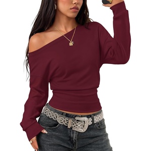 image:imageZESICA Womens Fall Long Sleeve Off Shoulder Going Out Tops  Asymmetrical Neck Shirt Crop Tops Cinched Waist Top Long Batwing Sleeve Tops Fall Shirts Date Night tops Trendy ClothesBurgundy