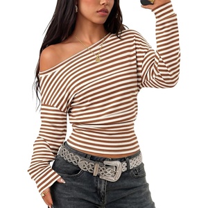 image:imageZESICA Womens Fall Long Sleeve Off Shoulder Going Out Tops  Asymmetrical Neck Shirt Crop Tops Cinched Waist Top Long Batwing Sleeve Tops Fall Shirts Date Night tops Trendy ClothesBrown