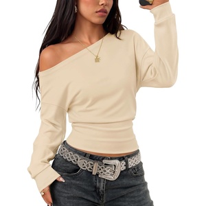 image:imageZESICA Womens Fall Long Sleeve Off Shoulder Going Out Tops  Asymmetrical Neck Shirt Crop Tops Cinched Waist Top Long Batwing Sleeve Tops Fall Shirts Date Night tops Trendy ClothesApricot