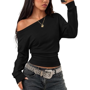 image:imageZESICA Womens Fall Long Sleeve Off Shoulder Going Out Tops  Asymmetrical Neck Shirt Crop Tops Cinched Waist Top Long Batwing Sleeve Tops Fall Shirts Date Night tops Trendy ClothesBlack