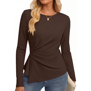 image:imageZESICA Womens Fall Long Sleeve Peplum Business Casual Tops  Boat Neck Asymmetrical Tunic Blouse Comfy Soft Fabric Work Ofiice Outfits Fashion Trendy ClothesBrown