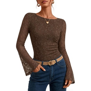 image:imageZESICA Womens Floral Lace Long Sleeve Boat Neck Going Out Tops  Bell Sleeve Slim Fit Ruched Waist Blouses Business Casual Date Night Y2K Outfits Fall Winter Layering ClothingBrown