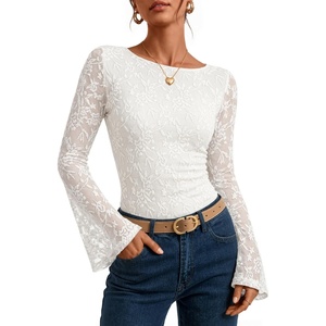 image:imageZESICA Womens Floral Lace Long Sleeve Boat Neck Going Out Tops  Bell Sleeve Slim Fit Ruched Waist Blouses Business Casual Date Night Y2K Outfits Fall Winter Layering ClothingWhite