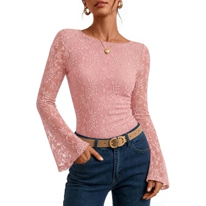 image:imageZESICA Womens Floral Lace Long Sleeve Boat Neck Going Out Tops  Bell Sleeve Slim Fit Ruched Waist Blouses Business Casual Date Night Y2K Outfits Fall Winter Layering ClothingPink
