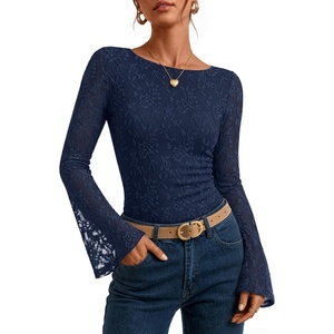 image:imageZESICA Womens Floral Lace Long Sleeve Boat Neck Going Out Tops  Bell Sleeve Slim Fit Ruched Waist Blouses Business Casual Date Night Y2K Outfits Fall Winter Layering ClothingNavy