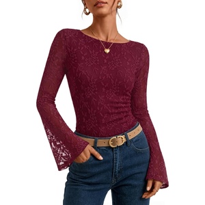 image:imageZESICA Womens Floral Lace Long Sleeve Boat Neck Going Out Tops  Bell Sleeve Slim Fit Ruched Waist Blouses Business Casual Date Night Y2K Outfits Fall Winter Layering ClothingWine