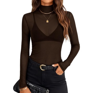 image:imageZESICA Womens Mesh Sheer Turtleneck Long Sleeve Shirts  See Through Fitted Blouses Sexy Cute TShirts Going Out Tops Date Night Party Clubwear Shirts 2026 Fall Layering OutfitsCoffee