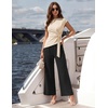 image:imageZESICA Womens Summer 2 Piece Sets Casual Work Office Pant Outfits  Short Sleeve Knit Belted Tops and Wide Leg Pants Daily Vacation Matching Set Business Pantsuits Fashion ClothesSand