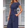 image:imageZESICA Womens Summer 2 Piece Sets Casual Work Office Pant Outfits  Short Sleeve Knit Belted Tops and Wide Leg Pants Daily Vacation Matching Set Business Pantsuits Fashion ClothesNavy
