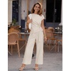image:imageZESICA Womens Summer 2 Piece Sets Casual Work Office Pant Outfits  Short Sleeve Knit Belted Tops and Wide Leg Pants Daily Vacation Matching Set Business Pantsuits Fashion ClothesGreyapricot