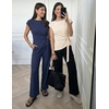 image:imageZESICA Womens Summer 2 Piece Sets Casual Work Office Pant Outfits  Short Sleeve Knit Belted Tops and Wide Leg Pants Daily Vacation Matching Set Business Pantsuits Fashion ClothesNavy