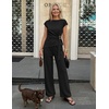 image:imageZESICA Womens Summer 2 Piece Sets Casual Work Office Pant Outfits  Short Sleeve Knit Belted Tops and Wide Leg Pants Daily Vacation Matching Set Business Pantsuits Fashion ClothesDim