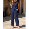 image:imageZESICA Womens Summer 2 Piece Sets Casual Work Office Pant Outfits  Short Sleeve Knit Belted Tops and Wide Leg Pants Daily Vacation Matching Set Business Pantsuits Fashion ClothesNavy
