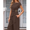 image:imageZESICA Womens Summer 2 Piece Sets Casual Work Office Pant Outfits  Short Sleeve Knit Belted Tops and Wide Leg Pants Daily Vacation Matching Set Business Pantsuits Fashion ClothesBrown