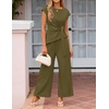 image:imageZESICA Womens Summer 2 Piece Sets Casual Work Office Pant Outfits  Short Sleeve Knit Belted Tops and Wide Leg Pants Daily Vacation Matching Set Business Pantsuits Fashion ClothesArmygreen