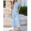 image:imageZESICA Womens Summer 2 Piece Sets Casual Work Office Pant Outfits  Short Sleeve Knit Belted Tops and Wide Leg Pants Daily Vacation Matching Set Business Pantsuits Fashion ClothesBlue