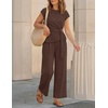 image:imageZESICA Womens Summer 2 Piece Sets Casual Work Office Pant Outfits  Short Sleeve Knit Belted Tops and Wide Leg Pants Daily Vacation Matching Set Business Pantsuits Fashion ClothesBrown
