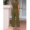 image:imageZESICA Womens Summer 2 Piece Sets Casual Work Office Pant Outfits  Short Sleeve Knit Belted Tops and Wide Leg Pants Daily Vacation Matching Set Business Pantsuits Fashion ClothesArmygreen