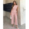 image:imageZESICA Womens Summer 2 Piece Sets Casual Work Office Pant Outfits  Short Sleeve Knit Belted Tops and Wide Leg Pants Daily Vacation Matching Set Business Pantsuits Fashion ClothesDustypink