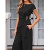 image:imageZESICA Womens Summer 2 Piece Sets Casual Work Office Pant Outfits  Short Sleeve Knit Belted Tops and Wide Leg Pants Daily Vacation Matching Set Business Pantsuits Fashion ClothesBlack
