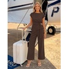 image:imageZESICA Womens Summer 2 Piece Sets Casual Work Office Pant Outfits  Short Sleeve Knit Belted Tops and Wide Leg Pants Daily Vacation Matching Set Business Pantsuits Fashion ClothesBrown