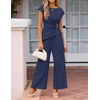 image:imageZESICA Womens Summer 2 Piece Sets Casual Work Office Pant Outfits  Short Sleeve Knit Belted Tops and Wide Leg Pants Daily Vacation Matching Set Business Pantsuits Fashion ClothesNavy