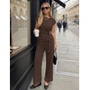 image:imageZESICA Womens Summer 2 Piece Sets Casual Work Office Pant Outfits  Short Sleeve Knit Belted Tops and Wide Leg Pants Daily Vacation Matching Set Business Pantsuits Fashion ClothesBrown