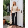 image:imageZESICA Womens Summer 2 Piece Sets Casual Work Office Pant Outfits  Short Sleeve Knit Belted Tops and Wide Leg Pants Daily Vacation Matching Set Business Pantsuits Fashion ClothesSand
