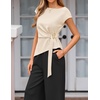 image:imageZESICA Womens Summer 2 Piece Sets Casual Work Office Pant Outfits  Short Sleeve Knit Belted Tops and Wide Leg Pants Daily Vacation Matching Set Business Pantsuits Fashion ClothesApricot