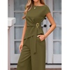 image:imageZESICA Womens Summer 2 Piece Sets Casual Work Office Pant Outfits  Short Sleeve Knit Belted Tops and Wide Leg Pants Daily Vacation Matching Set Business Pantsuits Fashion ClothesArmygreen