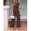 image:imageZESICA Womens Summer 2 Piece Sets Casual Work Office Pant Outfits  Short Sleeve Knit Belted Tops and Wide Leg Pants Daily Vacation Matching Set Business Pantsuits Fashion ClothesBrown