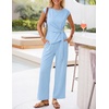 image:imageZESICA Womens Summer 2 Piece Sets Casual Work Office Pant Outfits  Short Sleeve Knit Belted Tops and Wide Leg Pants Daily Vacation Matching Set Business Pantsuits Fashion ClothesBlue