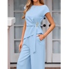 image:imageZESICA Womens Summer 2 Piece Sets Casual Work Office Pant Outfits  Short Sleeve Knit Belted Tops and Wide Leg Pants Daily Vacation Matching Set Business Pantsuits Fashion ClothesSky