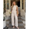 image:imageZESICA Womens Summer 2 Piece Sets Casual Work Office Pant Outfits  Short Sleeve Knit Belted Tops and Wide Leg Pants Daily Vacation Matching Set Business Pantsuits Fashion ClothesGreyapricot