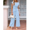 image:imageZESICA Womens Summer 2 Piece Sets Casual Work Office Pant Outfits  Short Sleeve Knit Belted Tops and Wide Leg Pants Daily Vacation Matching Set Business Pantsuits Fashion ClothesSky