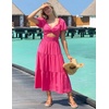 image:imageZESICA Womens Summer Casual Cutout Flowy Vacation Maxi Dress  Short Puff Sleeve A Line Smocked Dress Beach Party Dresses Spring Summer Wedding Guest Long DressRose